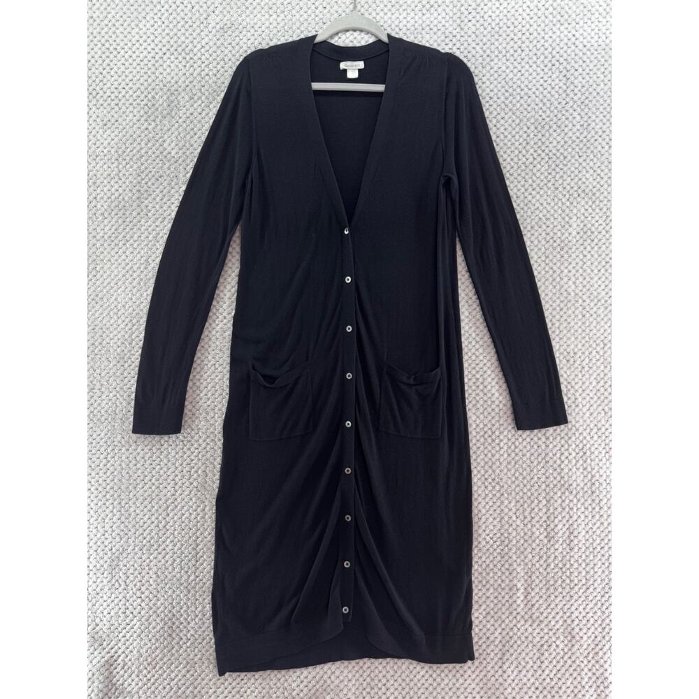 Garnet Hill Sweater Womens M Black Silk Long Cardigan Button Front Thin Stretchy